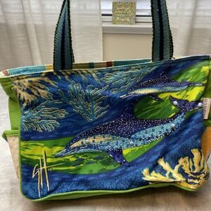 Guy Harvey Womens Beaded Tote Bag Blue Green Ocean Dolphin Coral 10"x14"x4"